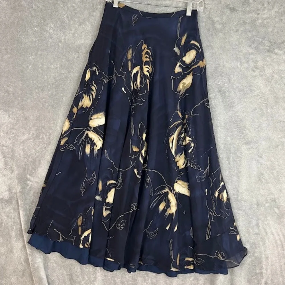 Vintage Dana B Maxi Skirt Womens 8 100% Silk Navy Blue Floral Fairy Whimsical